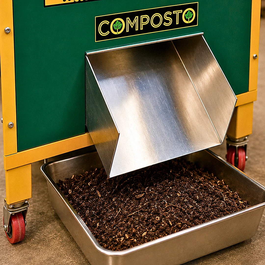 Finished compost discharging into the collection tray of the COMPOSTO 2.0 25 Kg organic waste converter