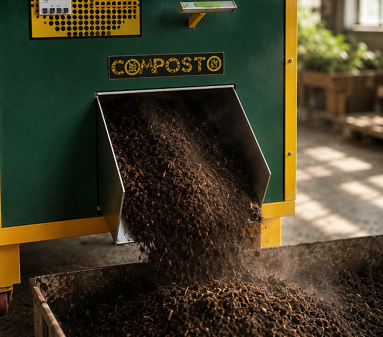 Finished compost discharging from the COMPOSTO VEER organic waste converter into a collection tray after the 24 hour cycle