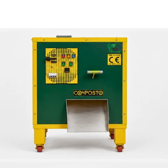 COMPOSTO VEER front view showing PLC control panel and stainless steel discharge chute