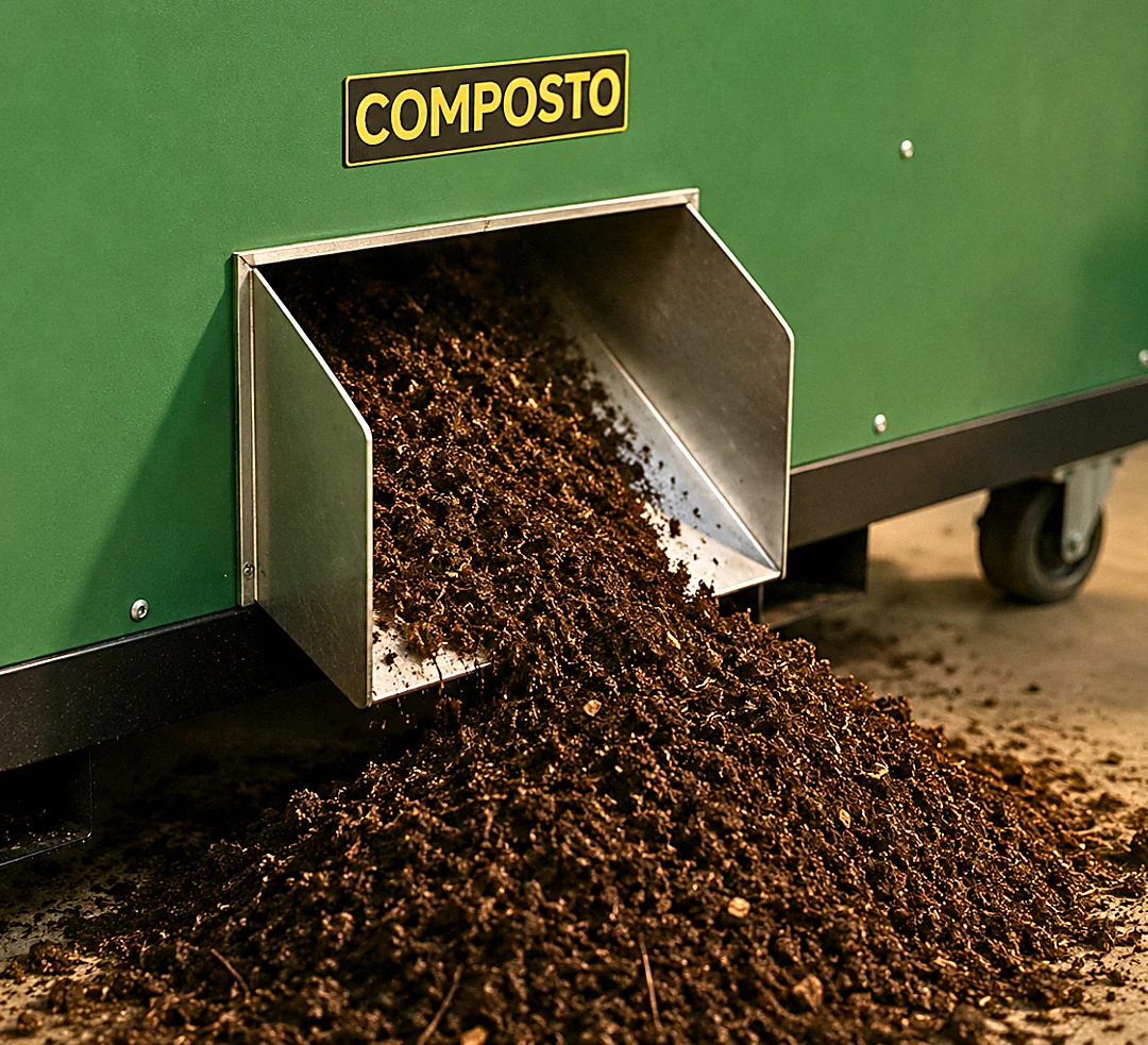 Finished compost discharging from the COMPOSTO OWC 100 SS organic waste converter