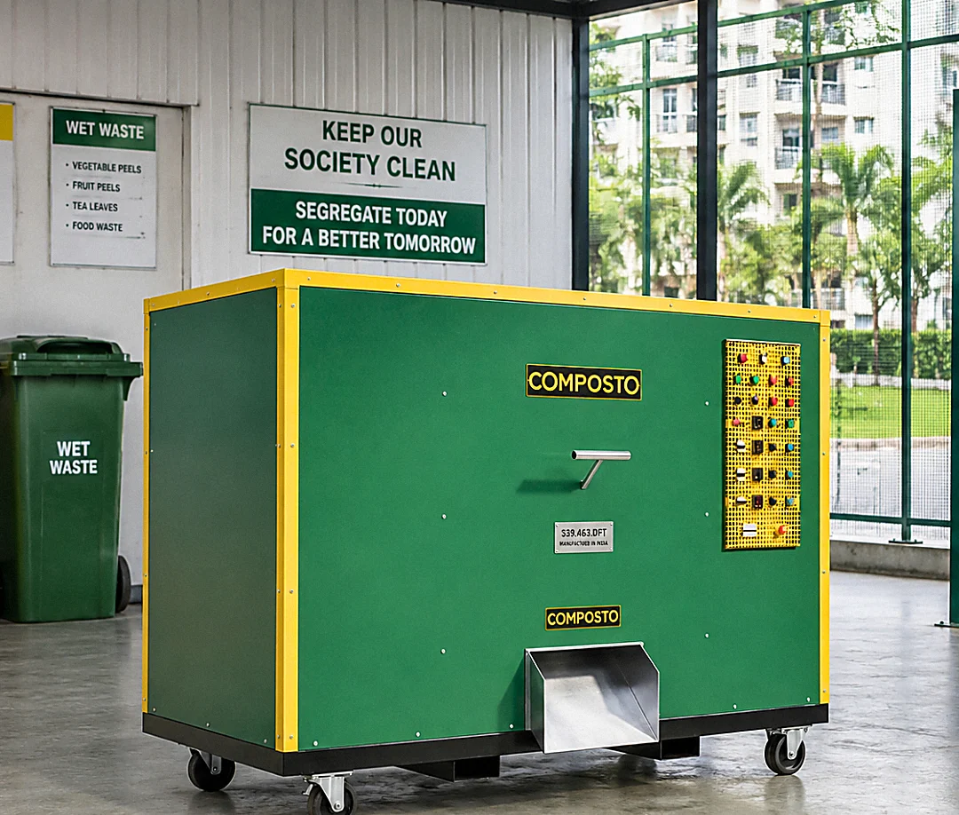 COMPOSTO OWC 100 SS Organic Waste Converter installed at a residential facility waste collection point