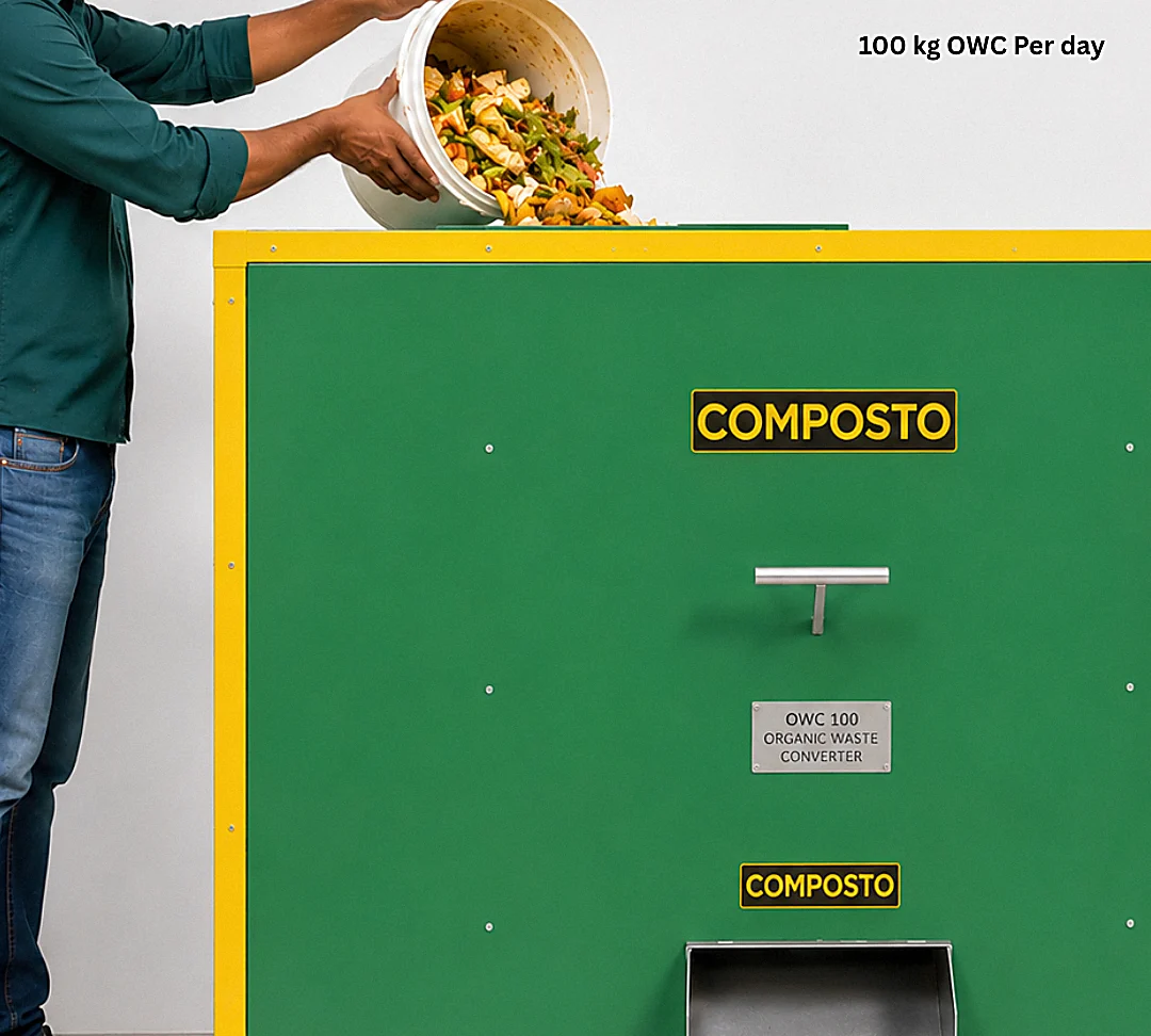 Loading segregated food waste into the COMPOSTO OWC 100 SS Organic Waste Converter
