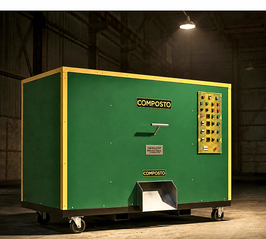 Side angle view of the COMPOSTO OWC 200 SS heavy duty organic waste converter