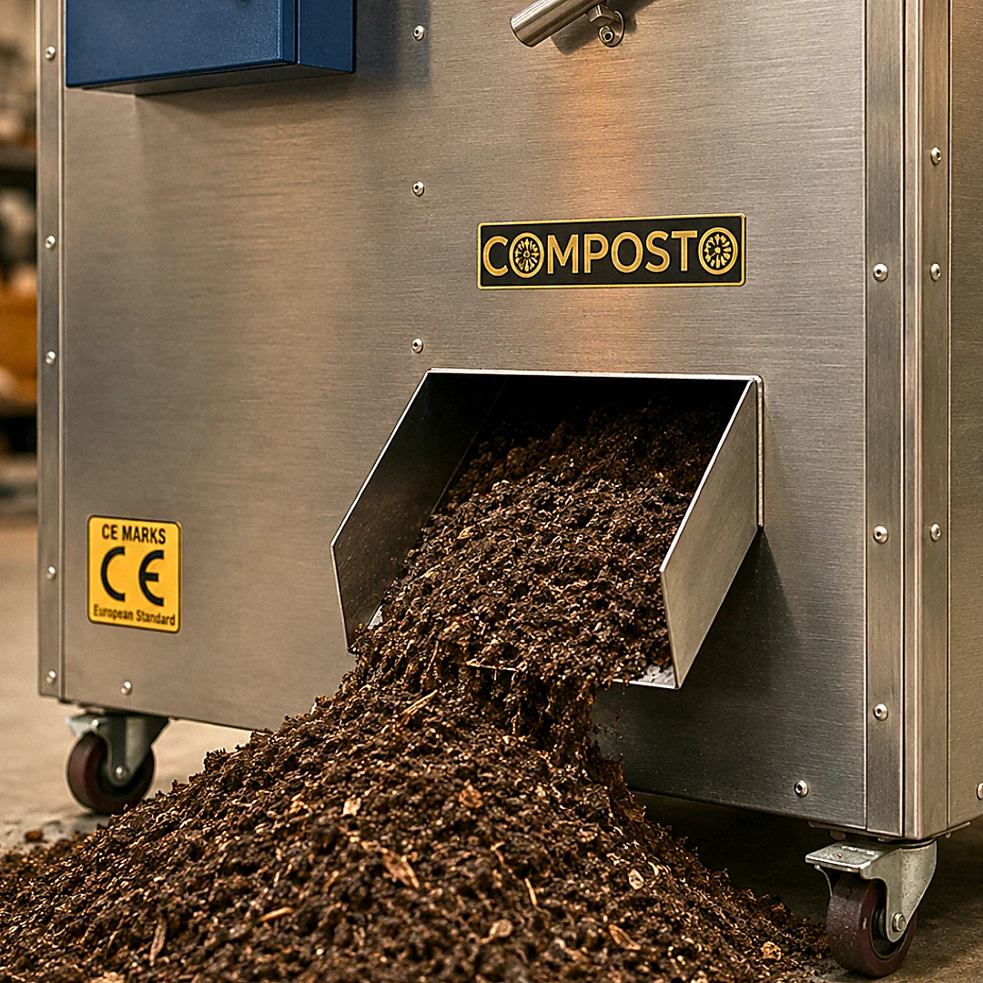 Finished compost discharging from the COMPOSTO OWC 50 SS organic waste converter
