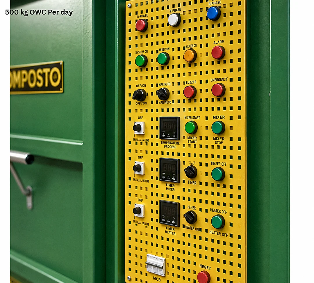 Close-up of the COMPOSTO OWC 500 Industrial PLC control panel with load monitoring