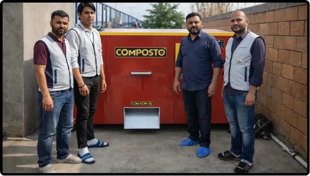 SAMKWANG Korea Industry team with red COMPOSTO smart waste management unit, Greater Noida