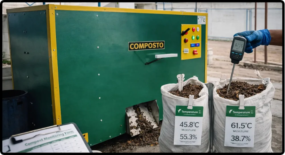 COMPOSTO organic waste converter installed at Aarohan Resort, Jammu, technician checking moisture readings