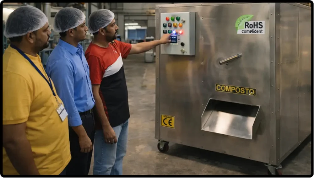 Hyatt Regency Ludhiana staff operating COMPOSTO 100 kg per day on-site waste processing unit