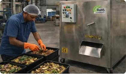 Kitchen staff loading food waste into COMPOSTO machine, Hyatt Ludhiana